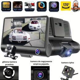 Wideorejestrator Samochodowy Full HD 3 Kamery Przód Tył Wnętrze