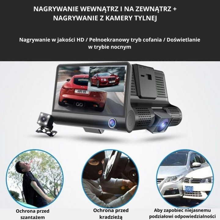 Wideorejestrator Samochodowy Full HD 3 Kamery Przód Tył Wnętrze